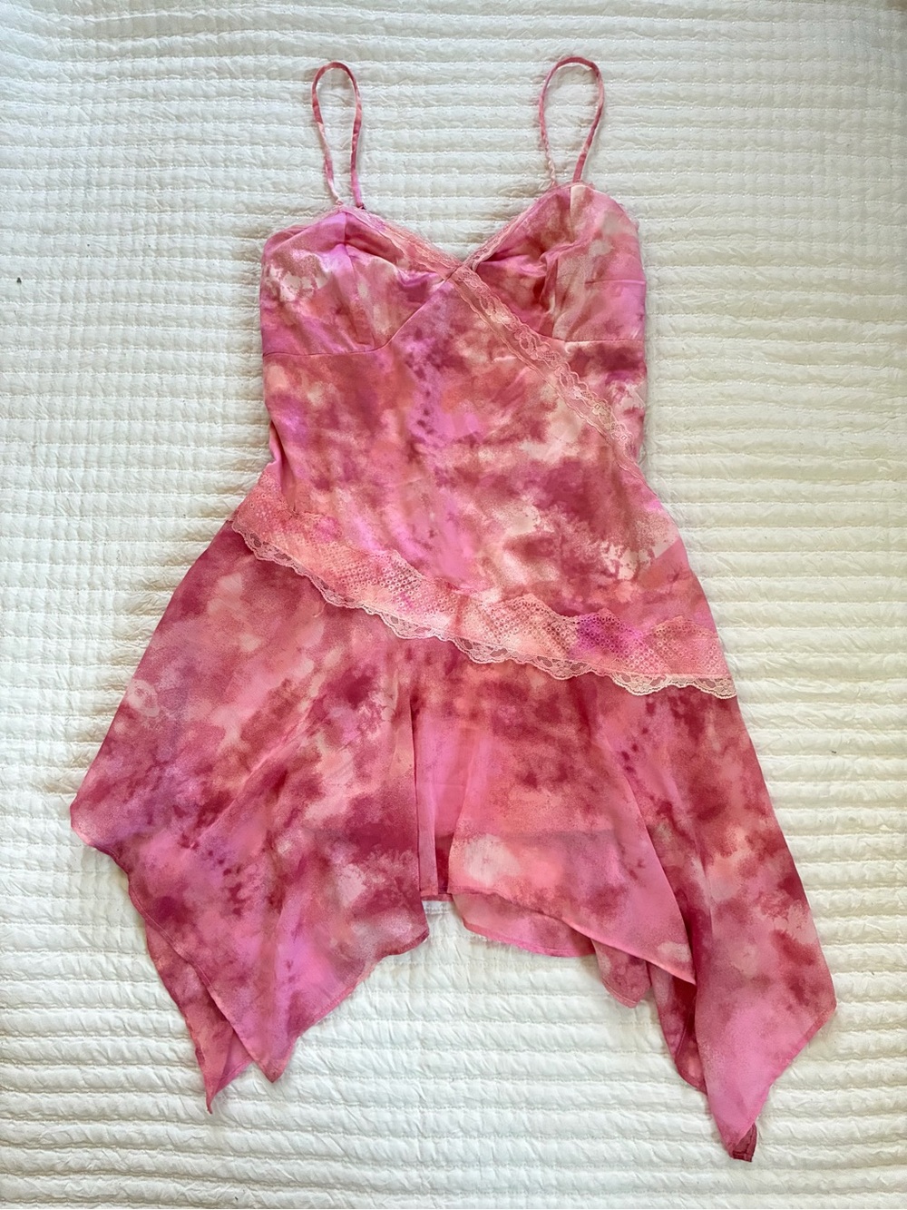 Wild Fable Pink Tie Dye Lace Trim Fairycore Babydoll Handkerchief Hem Dress M